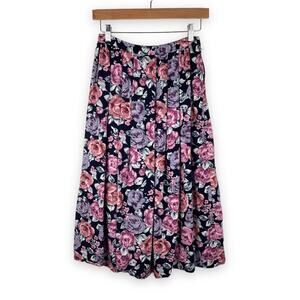 80s Vintage Pink Purple Floral Pleated Midi Skirt - Size 8